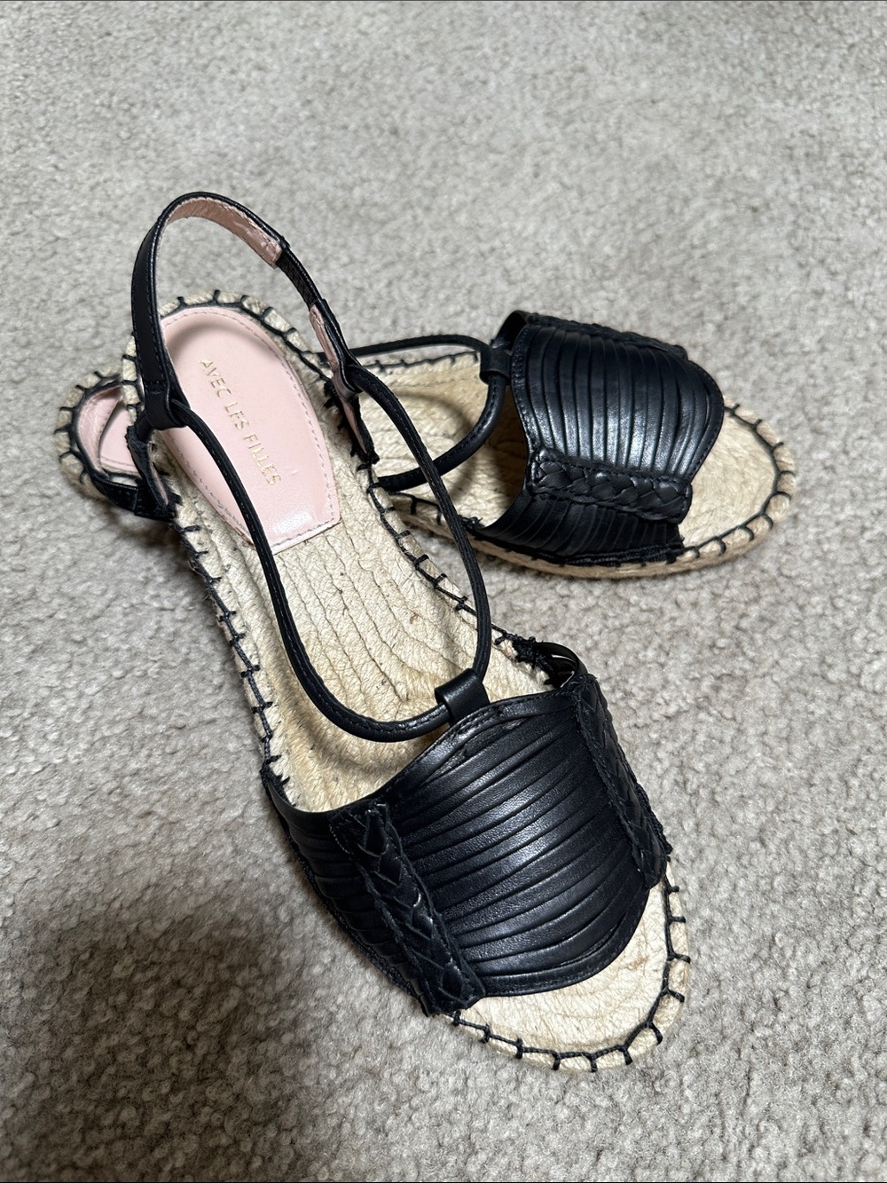 Avec Les Filles Black Braided Leather Espadrille Slingback Sandals